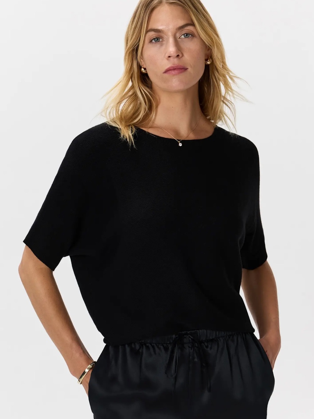 Quince Cotton Cashmere Link Stitch Dolman Knit Black Crewneck Sweater 1X